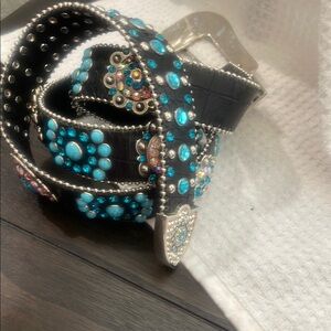 Black and Blue Studded Belt with Silver Hardware